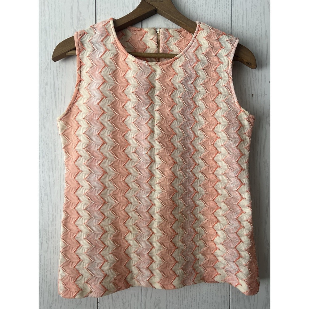 Vintage 60s 70s Knit Top Sherbet Zig Zag Round Neck‎ Medium Peach Cream